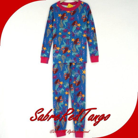 NWT Hanna Andersson Organic Long Johns Pajamas Little Mermaid Blue 130 8 - Picture 1 of 4